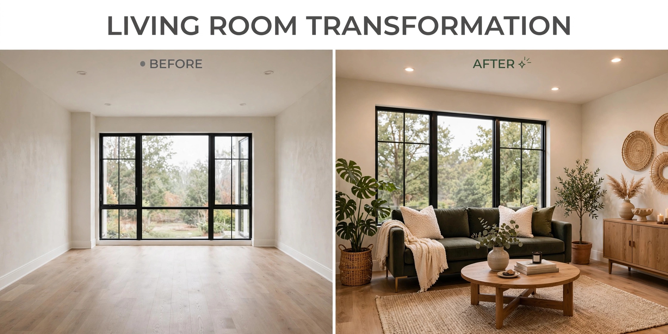 Before and after AI interior design comparison showing empty room transformed