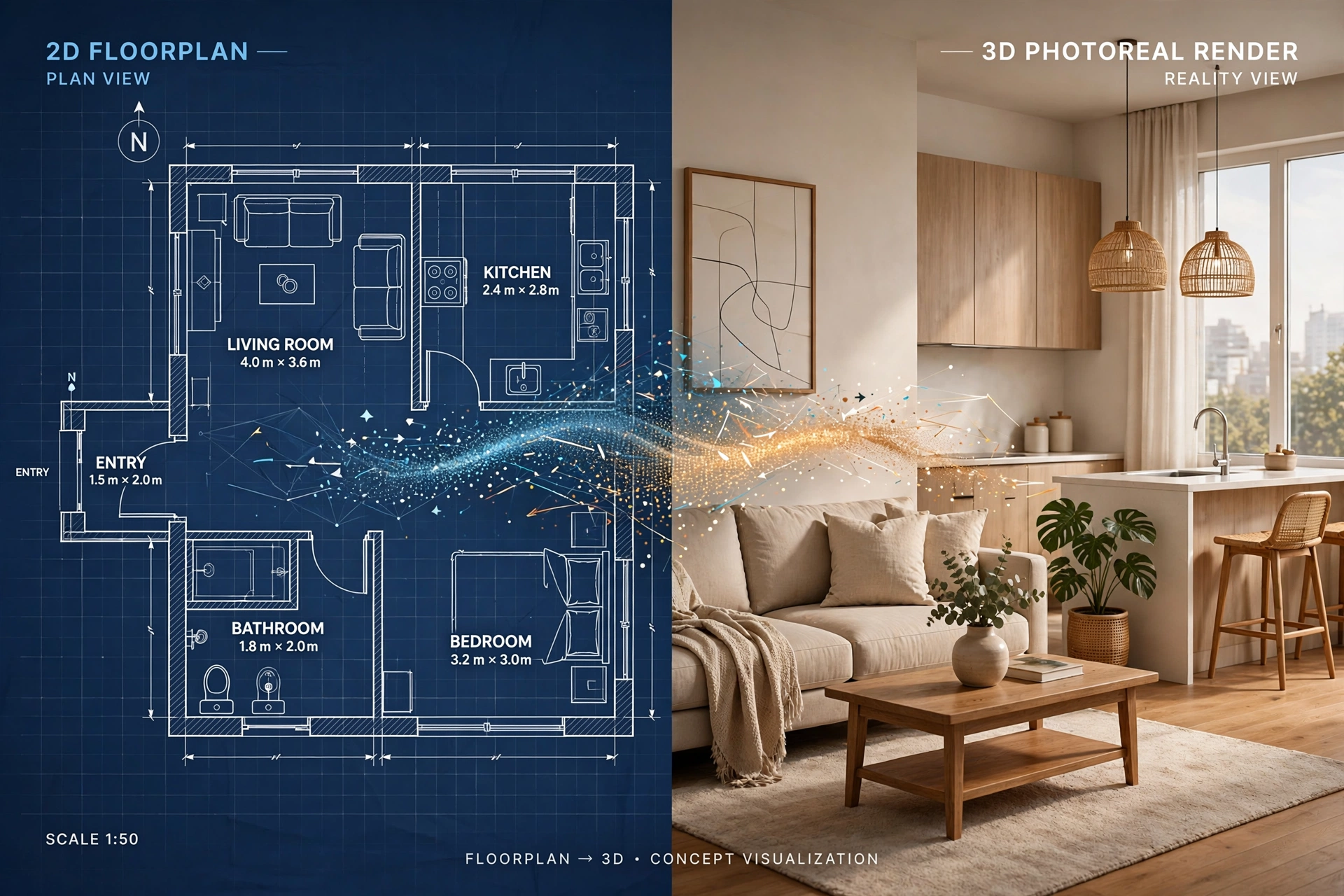 Upload floor plan to AI interior design tool for automatic 3D room conversion