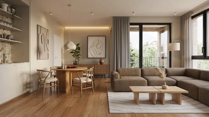 AI earthy living room with brown sectional