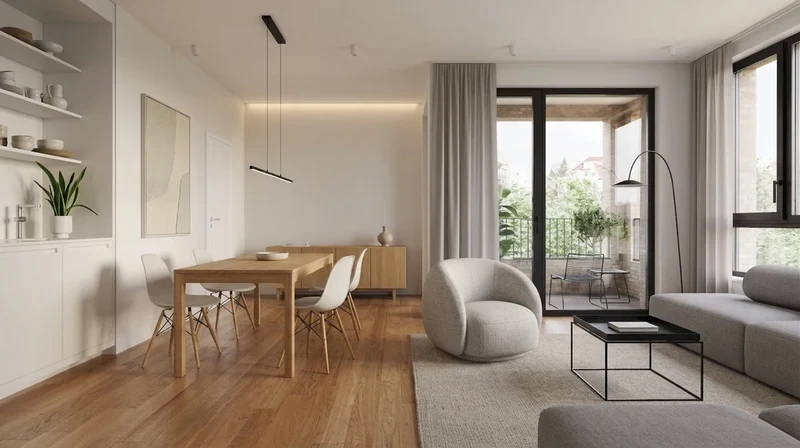 AI minimalist living room with grey sofa