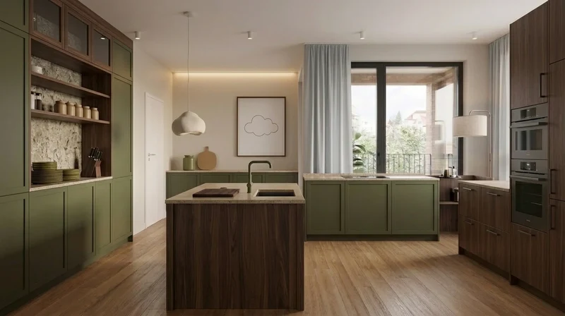 AI kitchen with green cabinets and walnut island