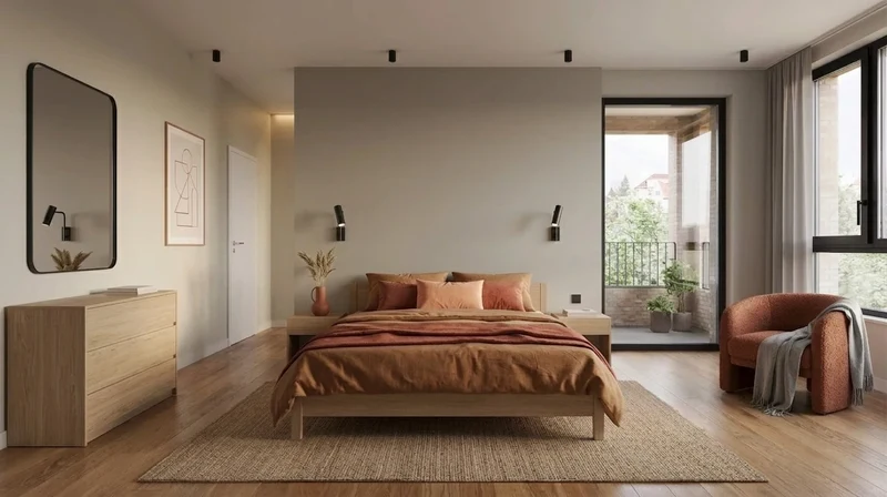 AI bedroom with terracotta bedding