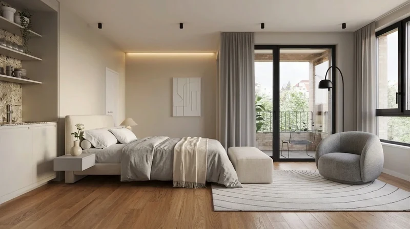 AI minimalist bedroom in neutral tones